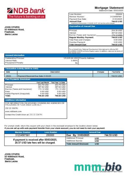 Sierra Leone National Development Bank wyciąg z kredytu hipotecznego w formatach Word i PDF